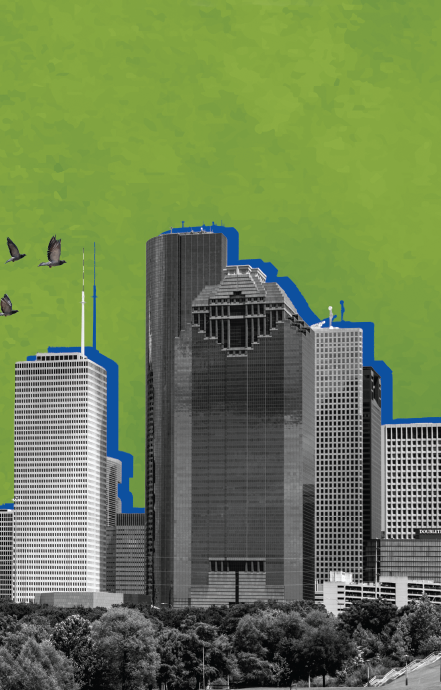 Stylized graphic of Houston skyline