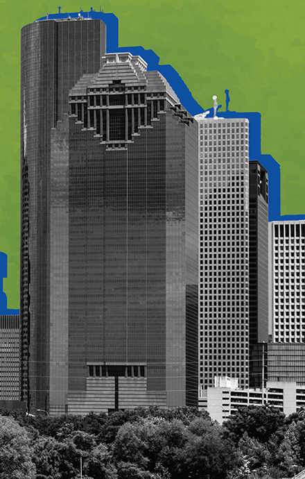 Stylized graphic of Houston skyline