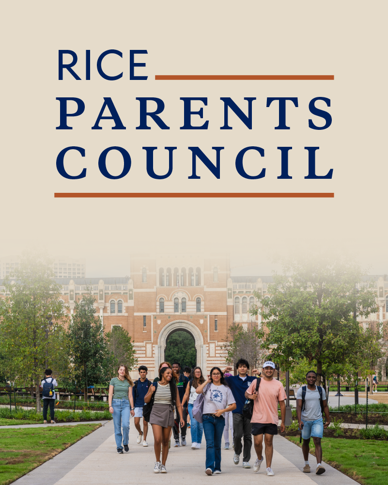 Students walking on Rice campus with logo above